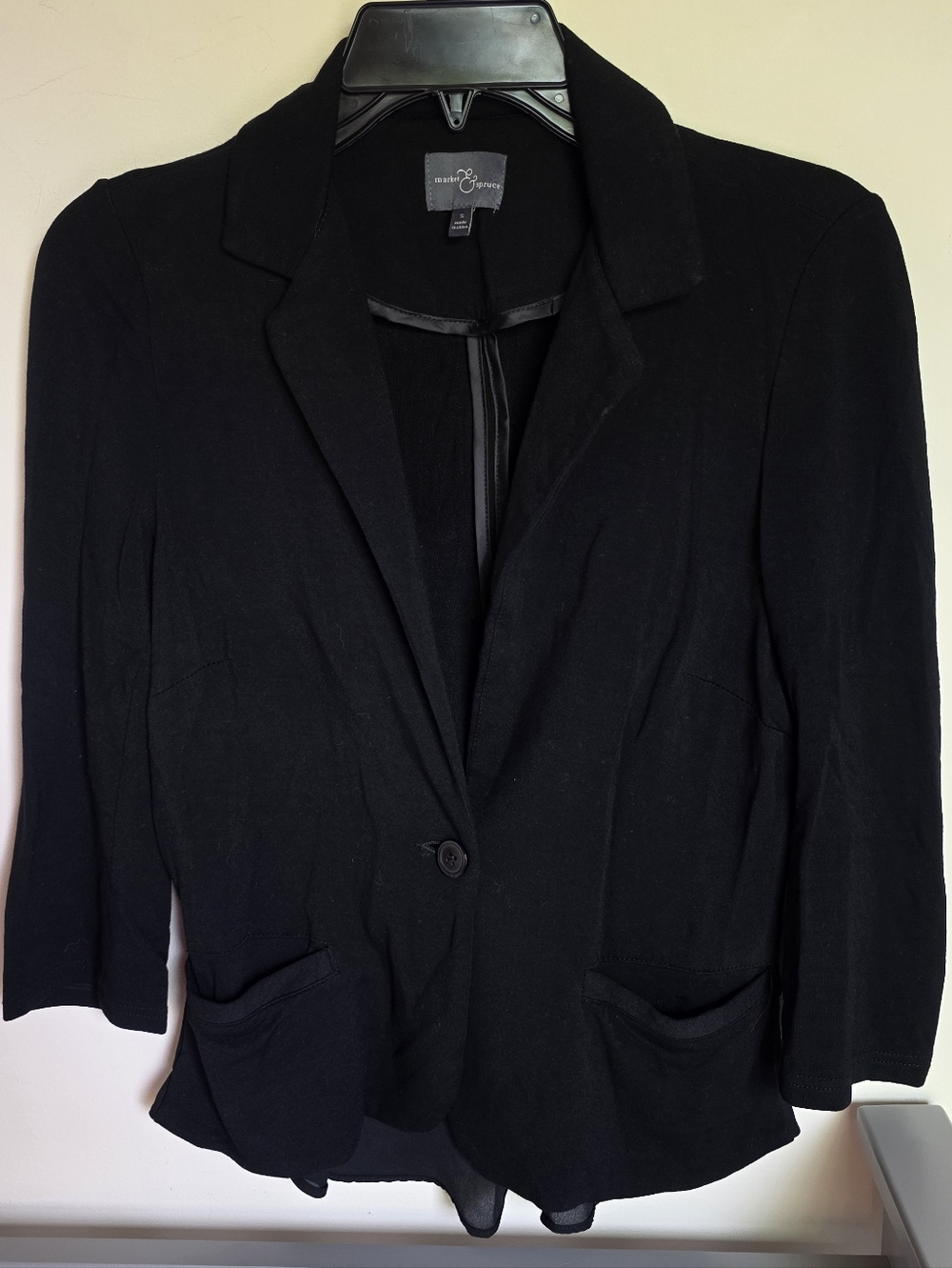 Market & Spruce Black Womens 3/4 Sleeve Blazer With Ruffle Back Size Small